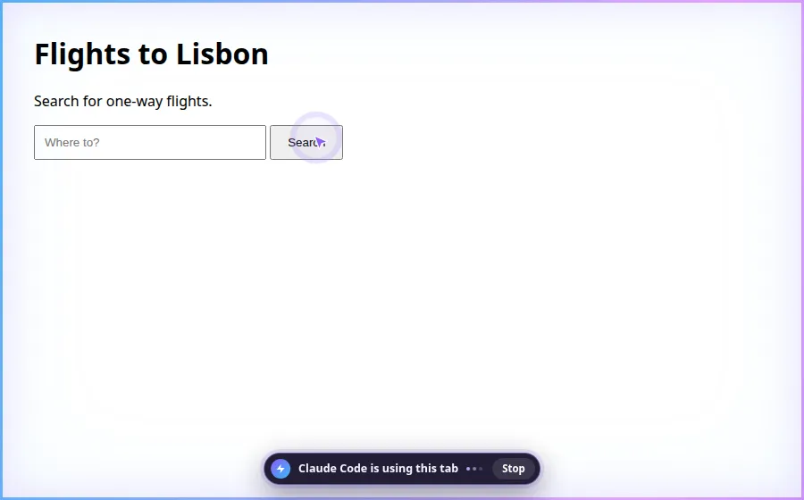A browser tab being driven by HailBrowser: an animated border, the agent cursor on a search button and a status pill with a Stop button