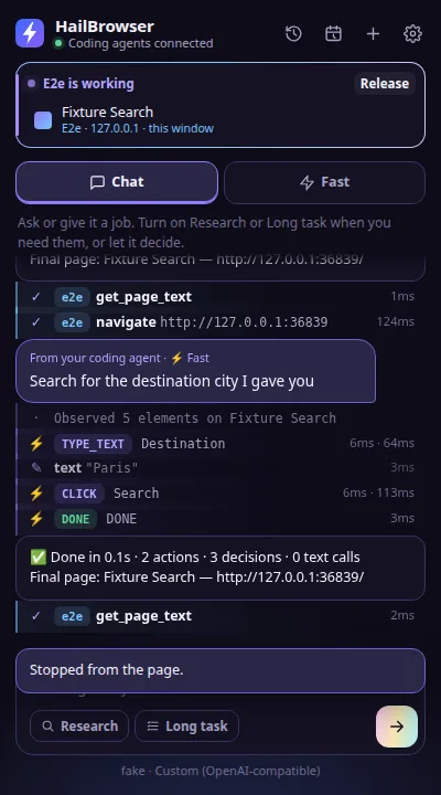 HailBrowser side panel showing a coding agent driving a fixture search, with each tool call and its timing listed