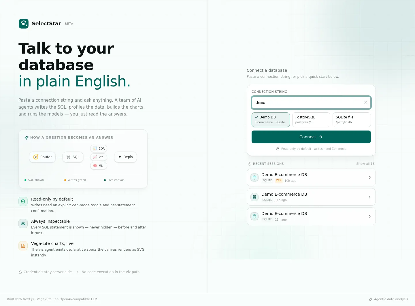 SelectStar landing page: Talk to your database in plain English, with a connection-string form and a diagram of router, SQL, EDA, viz and ML agents